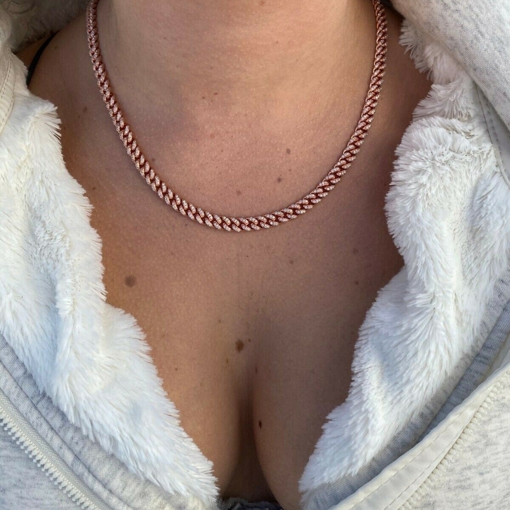 ROSE GOLD CUBAN CURB 925 ICED CHAIN NECKLACE - Picture 2 of 5